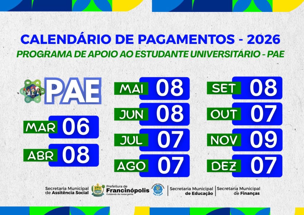 Prefeitura de Francinópolis divulga calendário de pagamentos do PAE 2026