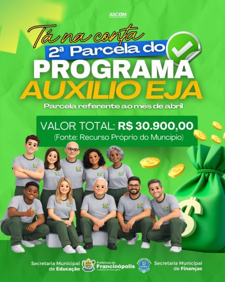 Prefeitura de Francinópolis realizou o pagamento da 2ª parcela do Programa Auxílio EJA nesta terça-feira (20)